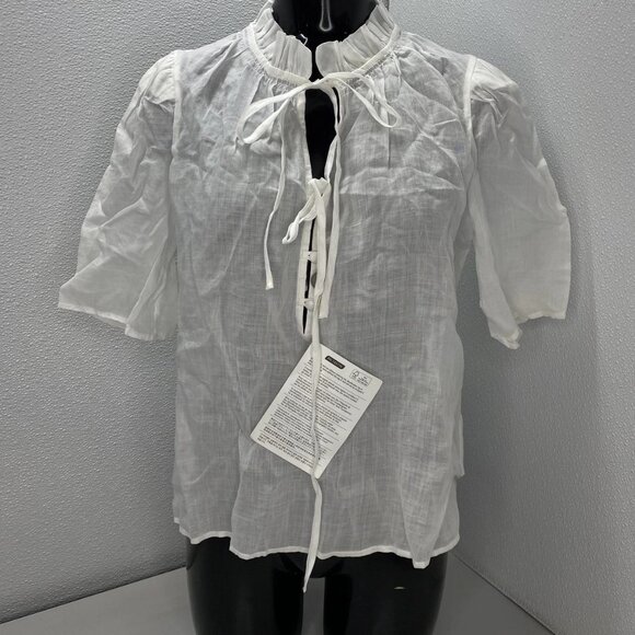 FRAME Women's Tie Neck Ruffle Popover Blouse White Size S